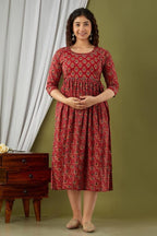 Majestic divas Cotton Brick Red Printed Floral Maternity Feeding Kurta Dress with Dual Zippers