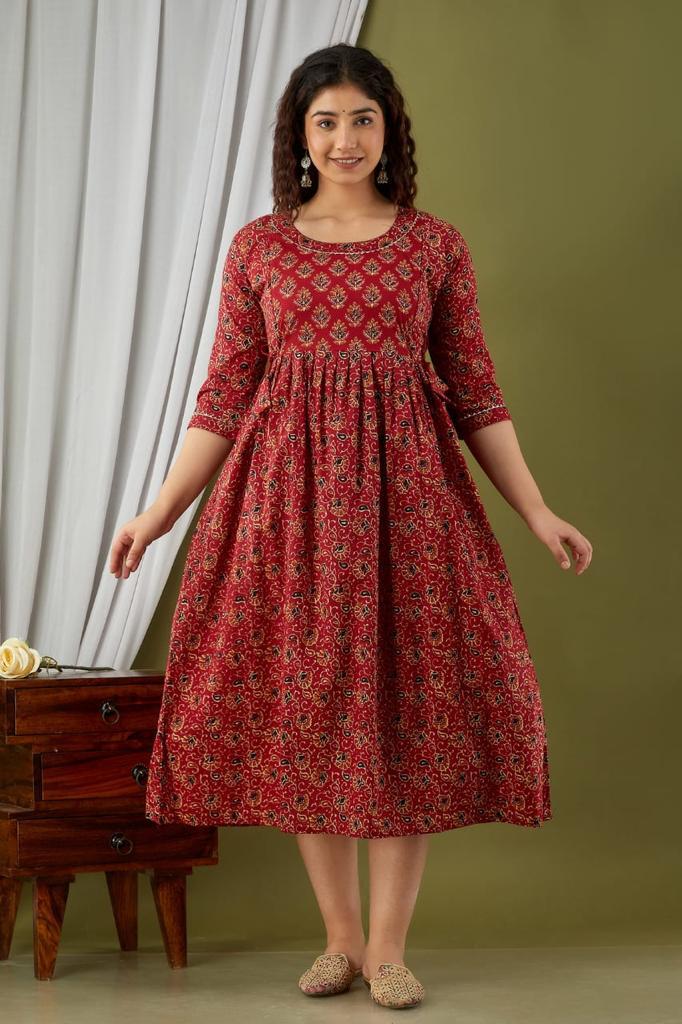 Majestic divas Cotton Brick Red Printed Floral Maternity Feeding Kurta Dress with Dual Zippers