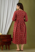 Majestic divas Cotton Brick Red Printed Floral Maternity Feeding Kurta Dress with Dual Zippers