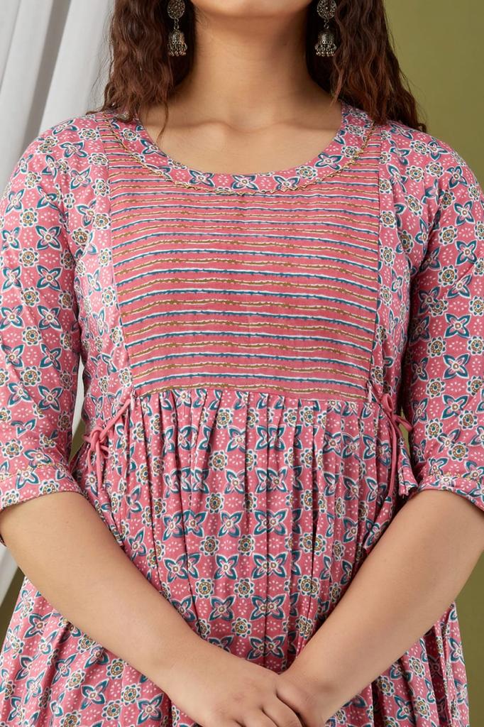 Majestic divas Cotton Blush Pink Floral Maternity Feeding Kurta Dress with Dual Zippers