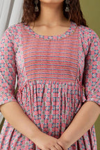 Majestic divas Cotton Blush Pink Floral Maternity Feeding Kurta Dress with Dual Zippers