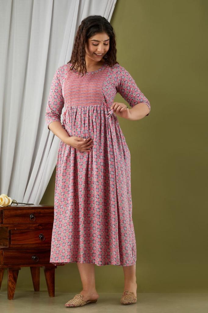 Majestic divas Cotton Blush Pink Floral Maternity Feeding Kurta Dress with Dual Zippers Main image