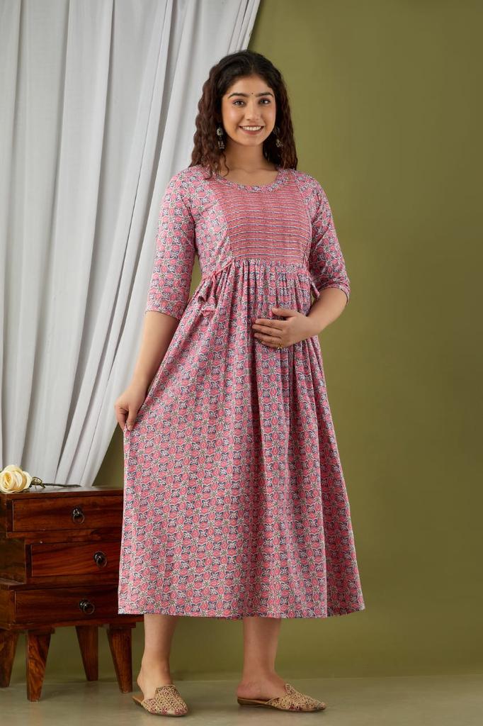 Majestic divas Cotton Blush Pink Floral Maternity Feeding Kurta Dress with Dual Zippers