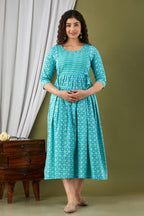 Majestic divas Cotton Aqua Blue Floral Maternity Feeding Kurta Dress with Dual Zippers