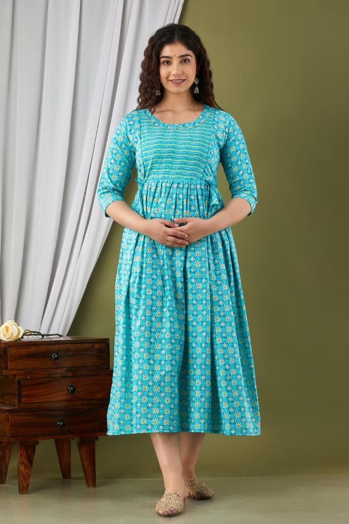 Majestic divas Cotton Aqua Blue Floral Maternity Feeding Kurta Dress with Dual Zippers
