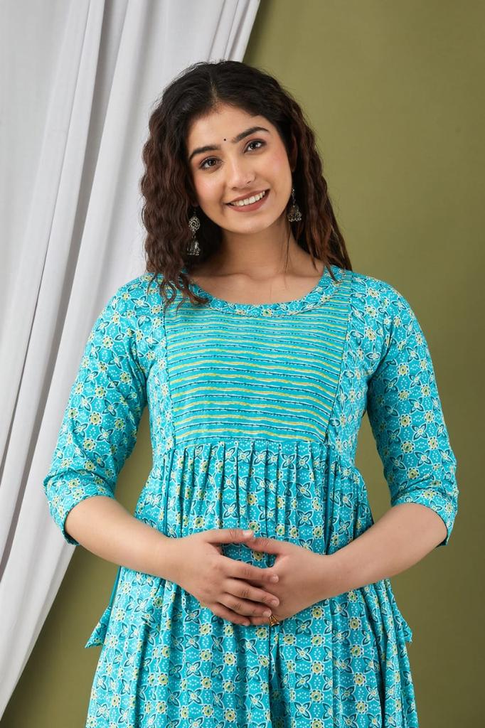 Majestic divas Cotton Aqua Blue Floral Maternity Feeding Kurta Dress with Dual Zippers