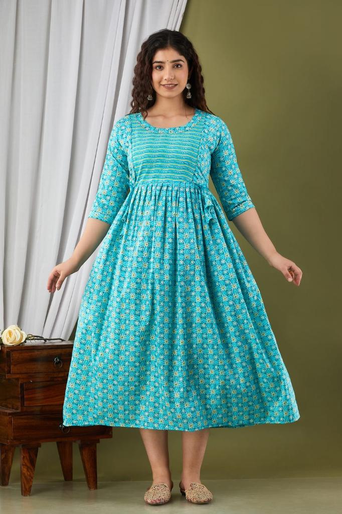 Majestic divas Cotton Aqua Blue Floral Maternity Feeding Kurta Dress with Dual Zippers Main image