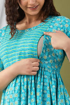 Majestic divas Cotton Aqua Blue Floral Maternity Feeding Kurta Dress with Dual Zippers