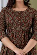 Majestic divas Cotton Maroon Printed Maternity Feeding Kurta Dress with Dual Zippers