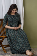 Majestic divas Rayon Bottle Green Printed Maternity Feeding Kurta Dress with Dual Zippers