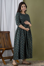 Majestic divas Rayon Bottle Green Printed Maternity Feeding Kurta Dress with Dual Zippers