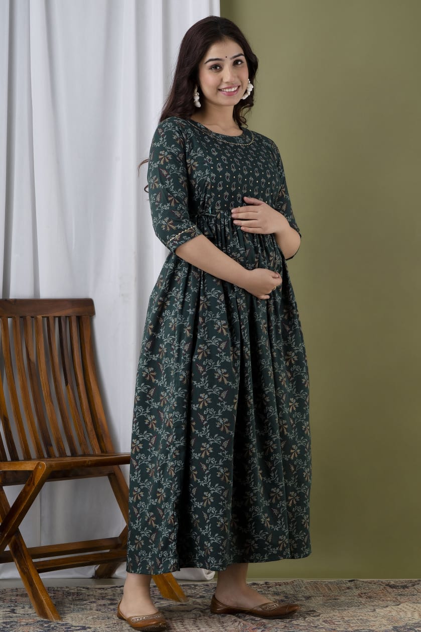 Majestic divas Rayon Bottle Green Printed Maternity Feeding Kurta Dress with Dual Zippers