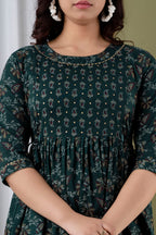 Majestic divas Rayon Bottle Green Printed Maternity Feeding Kurta Dress with Dual Zippers