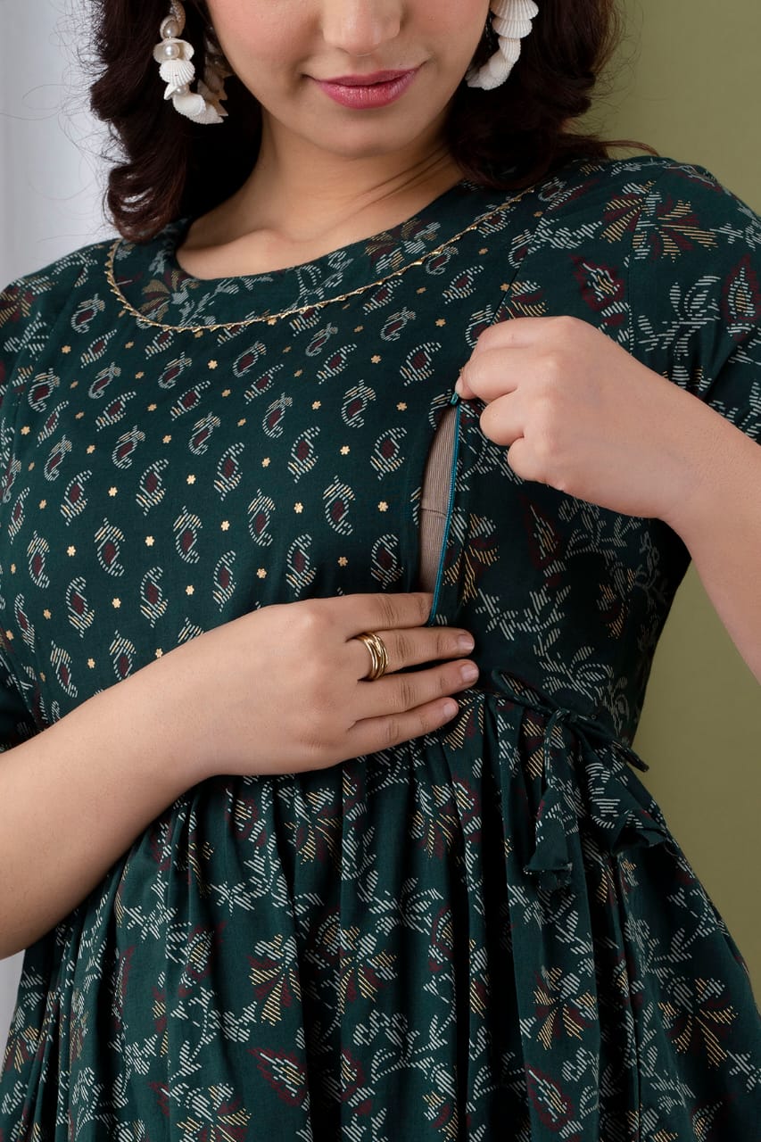 Majestic divas Rayon Bottle Green Printed Maternity Feeding Kurta Dress with Dual Zippers