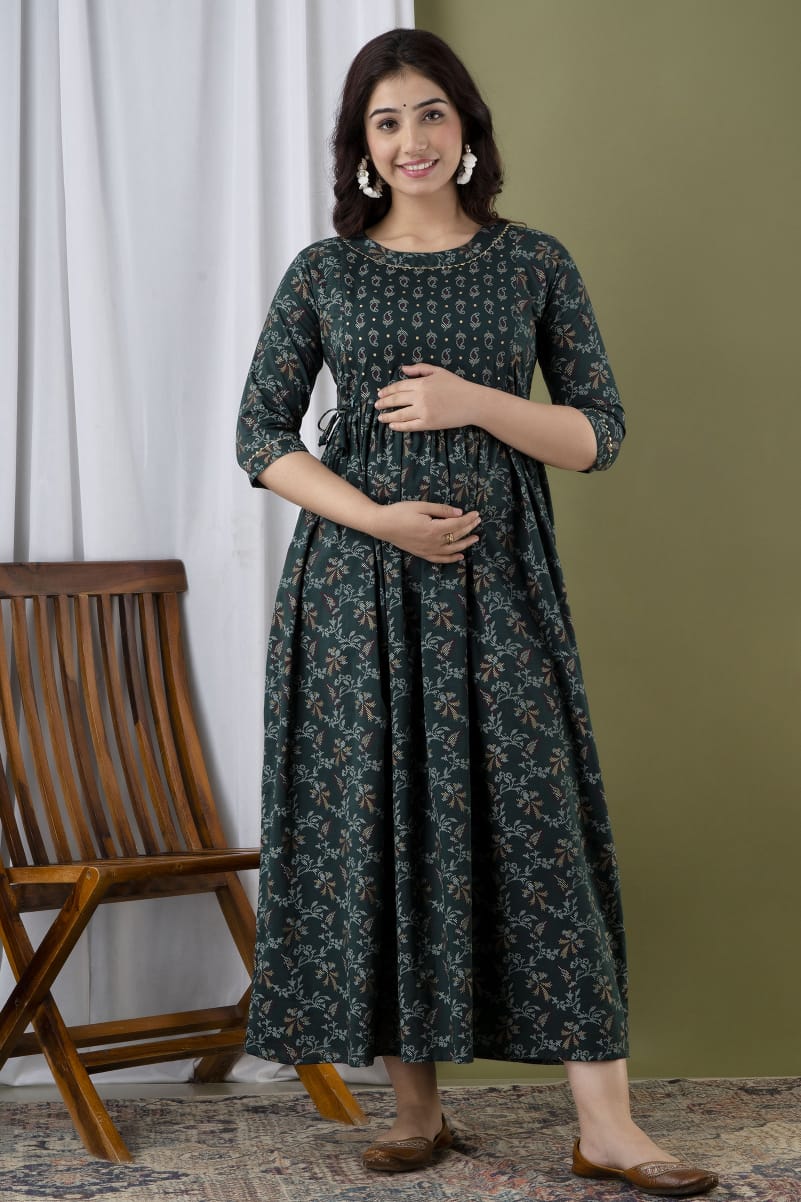 Majestic divas Rayon Bottle Green Printed Maternity Feeding Kurta Dress with Dual Zippers