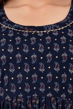 Majestic divas Rayon Navy Blue Printed Maternity Feeding Kurta Dress with Dual Zippers