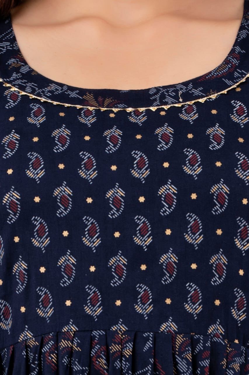 Majestic divas Rayon Navy Blue Printed Maternity Feeding Kurta Dress with Dual Zippers