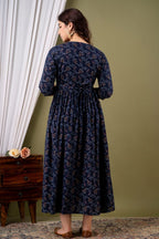 Majestic divas Rayon Navy Blue Printed Maternity Feeding Kurta Dress with Dual Zippers