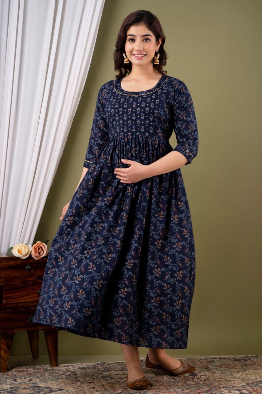 Majestic divas Rayon Navy Blue Printed Maternity Feeding Kurta Dress with Dual Zippers