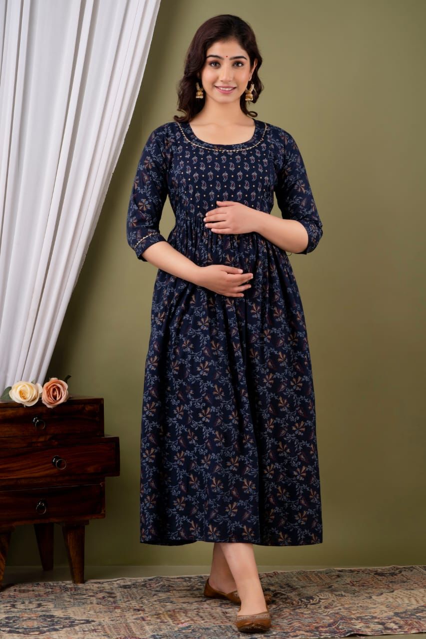 Majestic divas Rayon Navy Blue Printed Maternity Feeding Kurta Dress with Dual Zippers