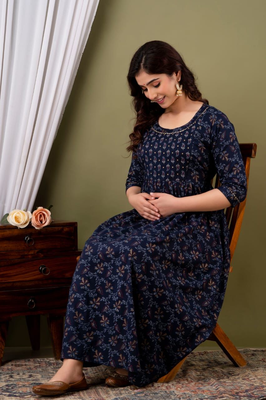 Majestic divas Rayon Navy Blue Printed Maternity Feeding Kurta Dress with Dual Zippers
