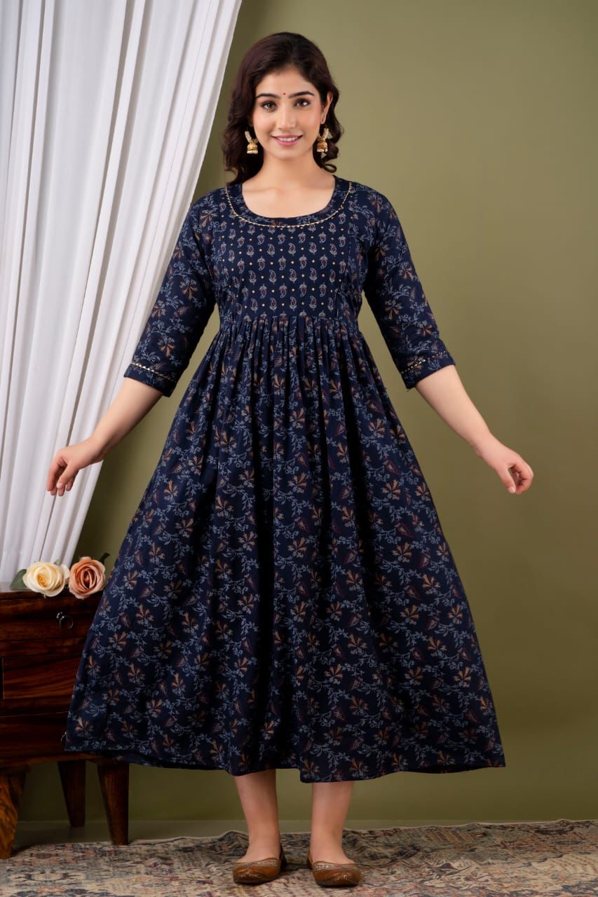Majestic divas Rayon Navy Blue Printed Maternity Feeding Kurta Dress with Dual Zippers Main image