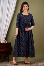 Majestic divas Rayon Navy Blue Printed Maternity Feeding Kurta Dress with Dual Zippers
