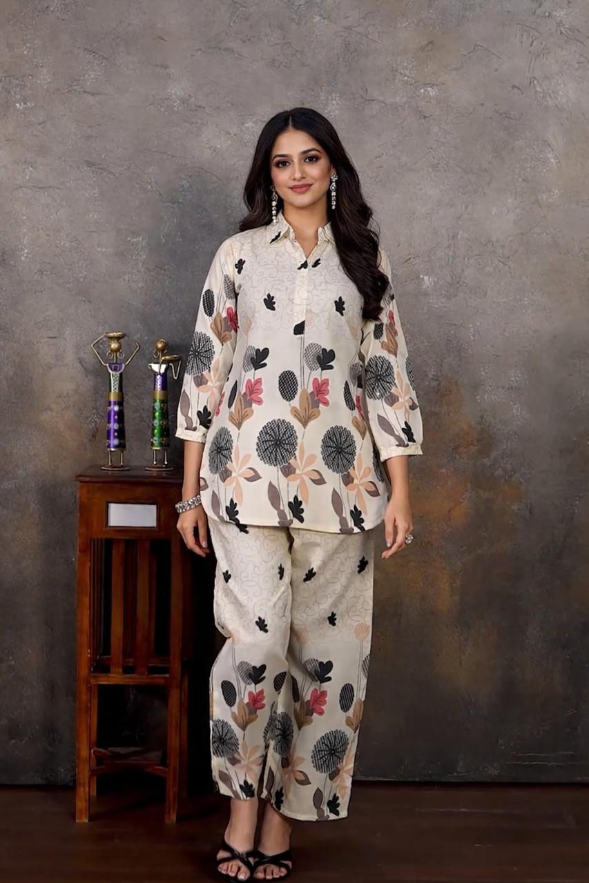 Majestic Diva's Beige Floral Printed Co-Ord Set
