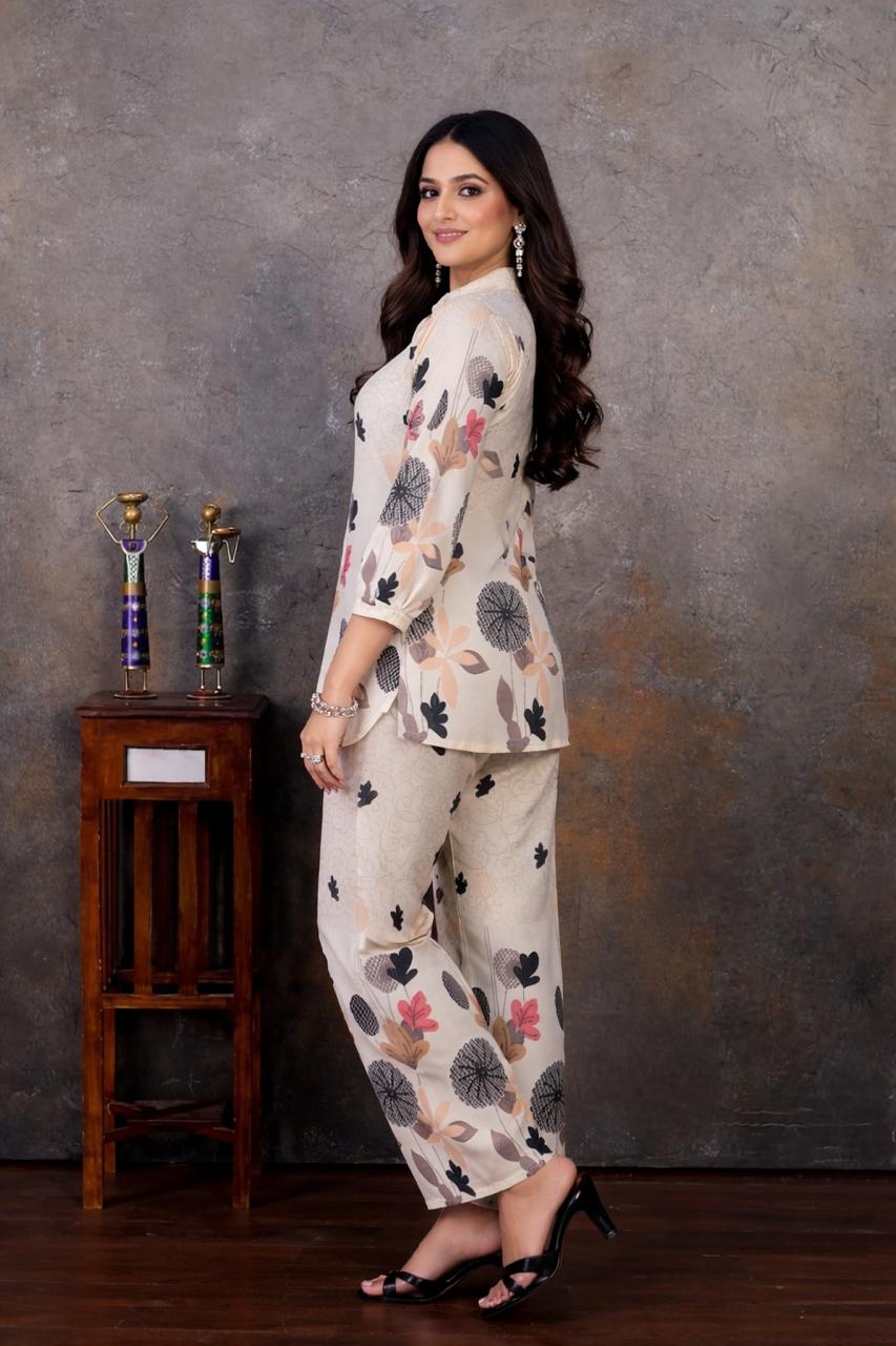 Majestic Diva's Beige Floral Printed Co-Ord Set