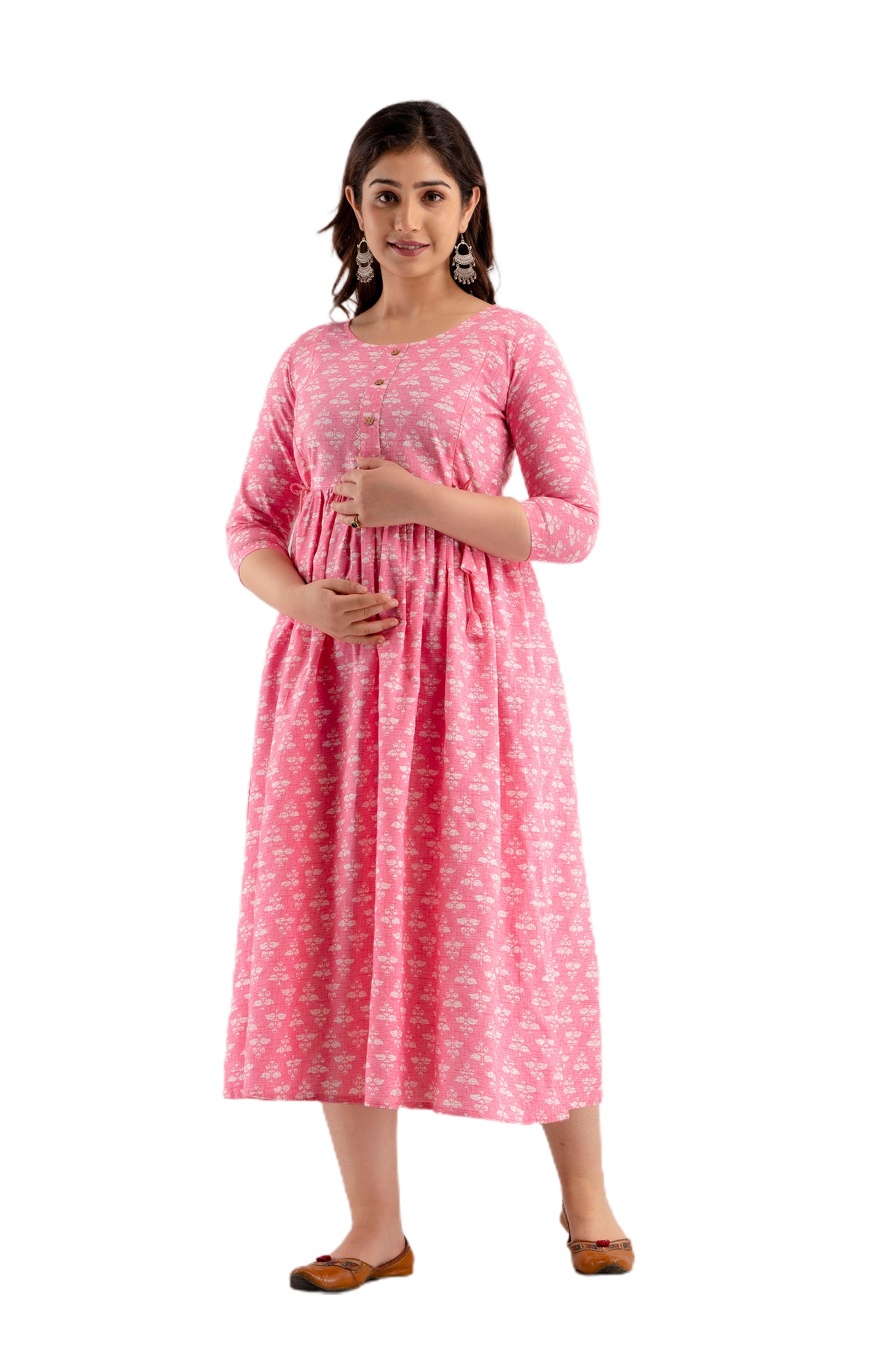 Majestic divas Rayon Rose Pink Printed Maternity Feeding Kurta Dress with Dual Zippers