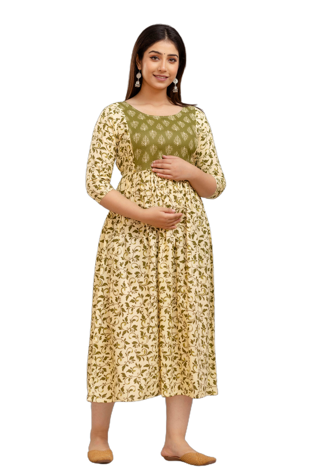 Majestic divas Rayon Olive Green & Cream Printed Maternity Feeding Kurta Dress with Dual Zippers