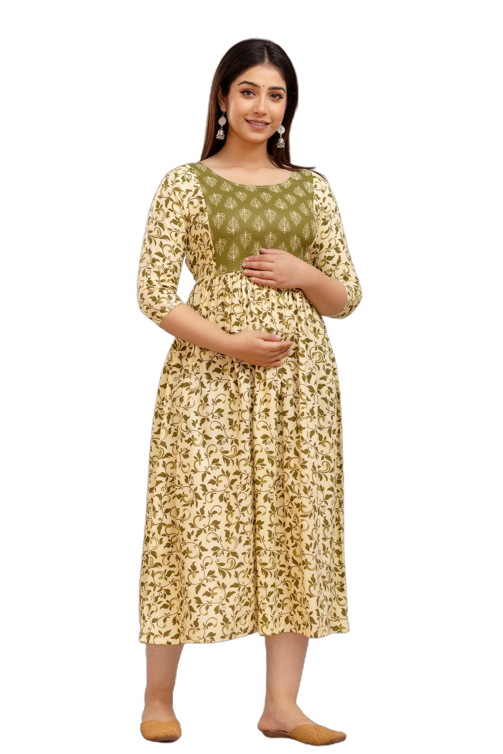 Majestic divas Rayon Olive Green & Cream Printed Maternity Feeding Kurta Dress with Dual Zippers