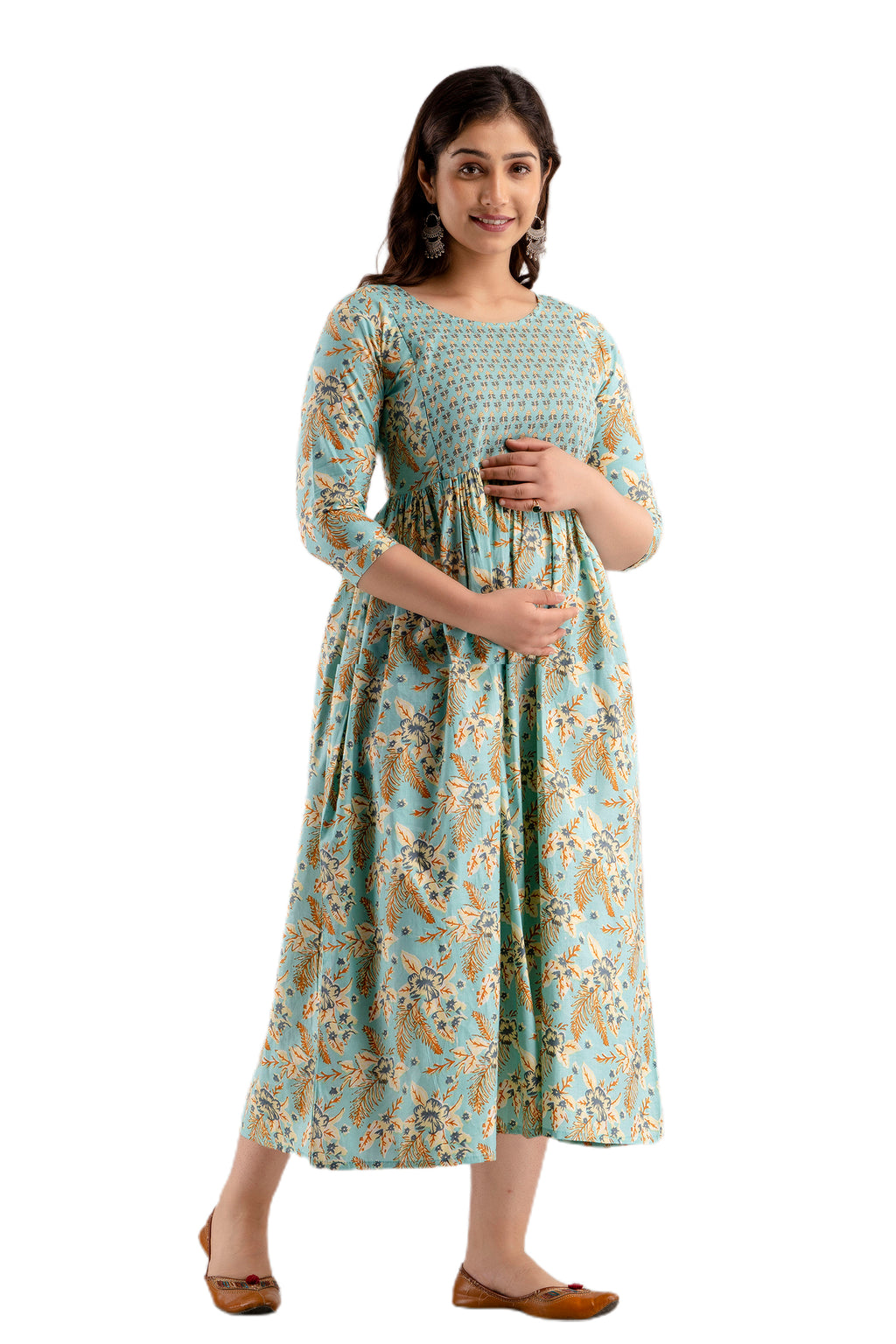 Majestic divas Cotton Pastel Sky Blue Printed Maternity Feeding Kurta Dress with Dual Zippers