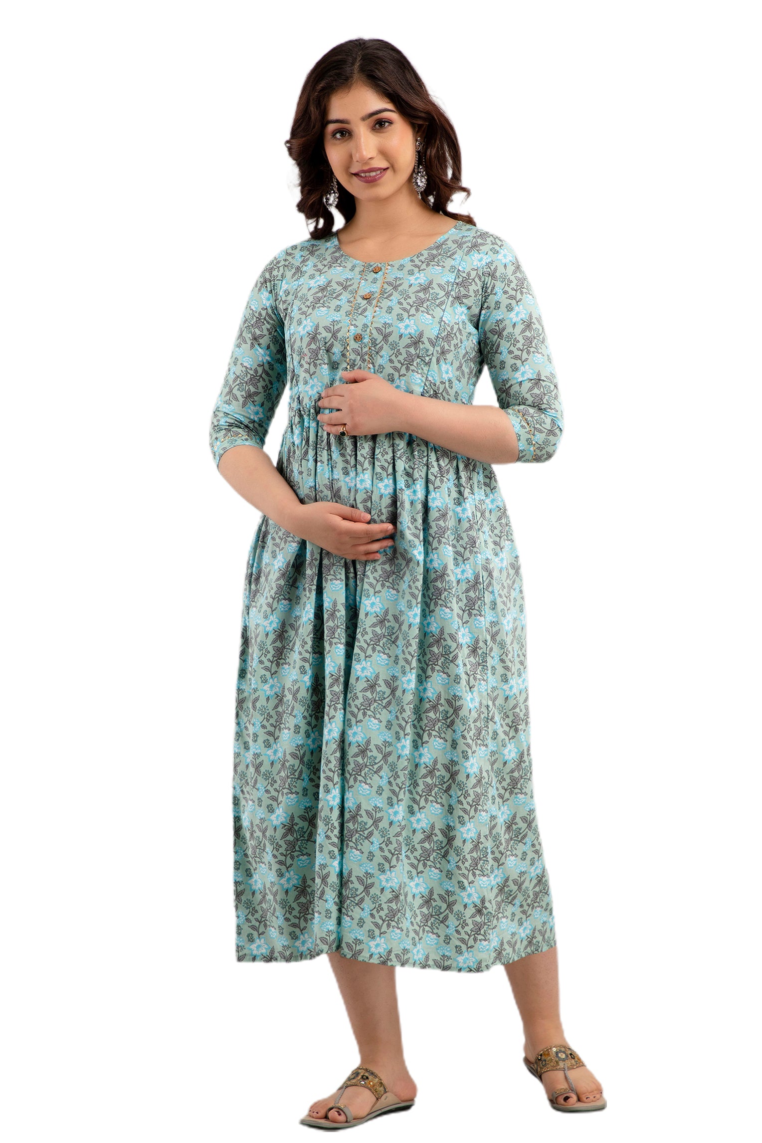 Majestic divas Cotton Mint Green Floral Maternity Feeding Kurta Dress with Dual Zippers