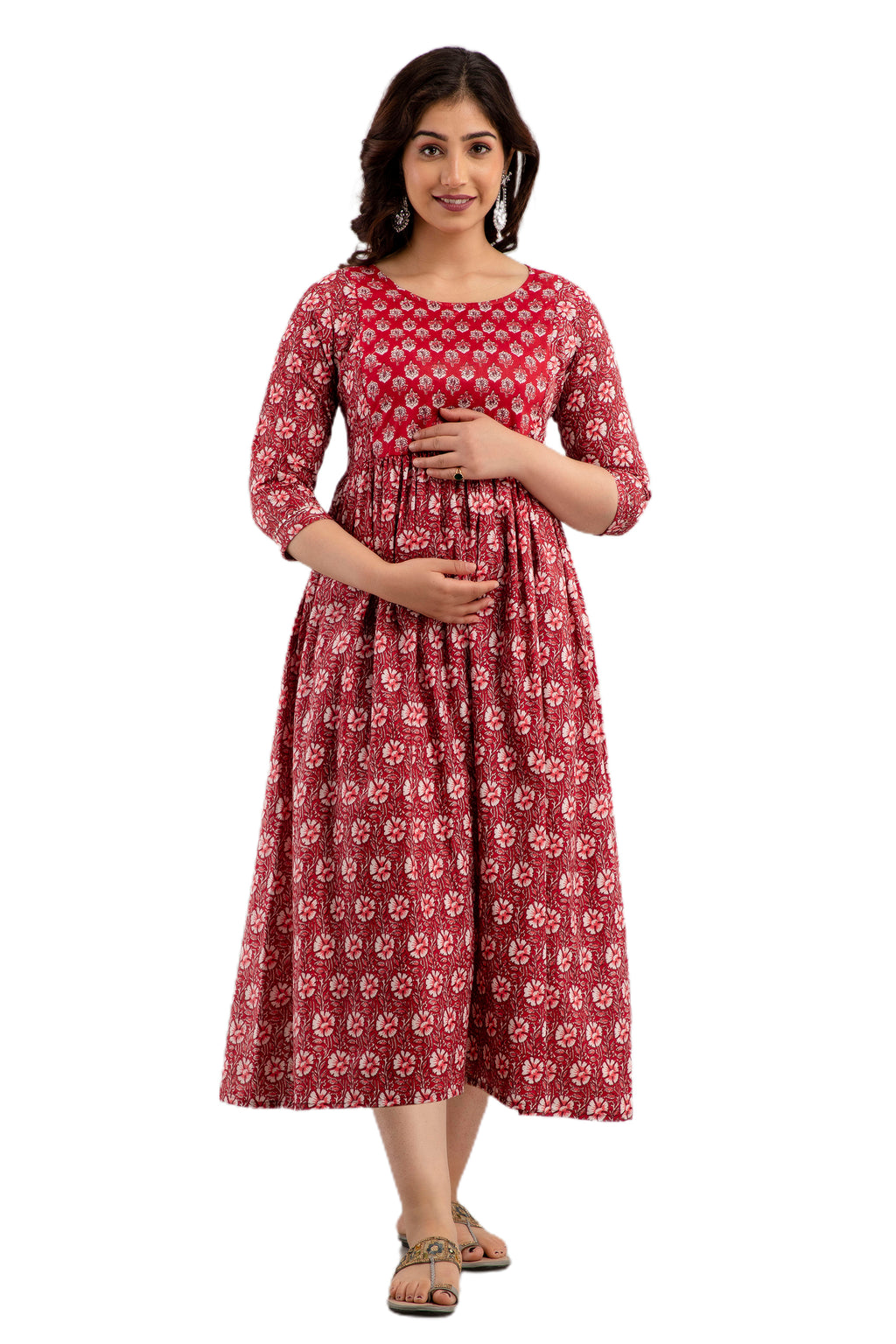 Majestic divas Cotton Maroon Floral Maternity Feeding Kurta Dress with Dual Zippers