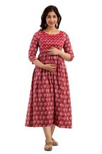 Majestic divas Cotton Maroon Floral Maternity Feeding Kurta Dress with Dual Zippers