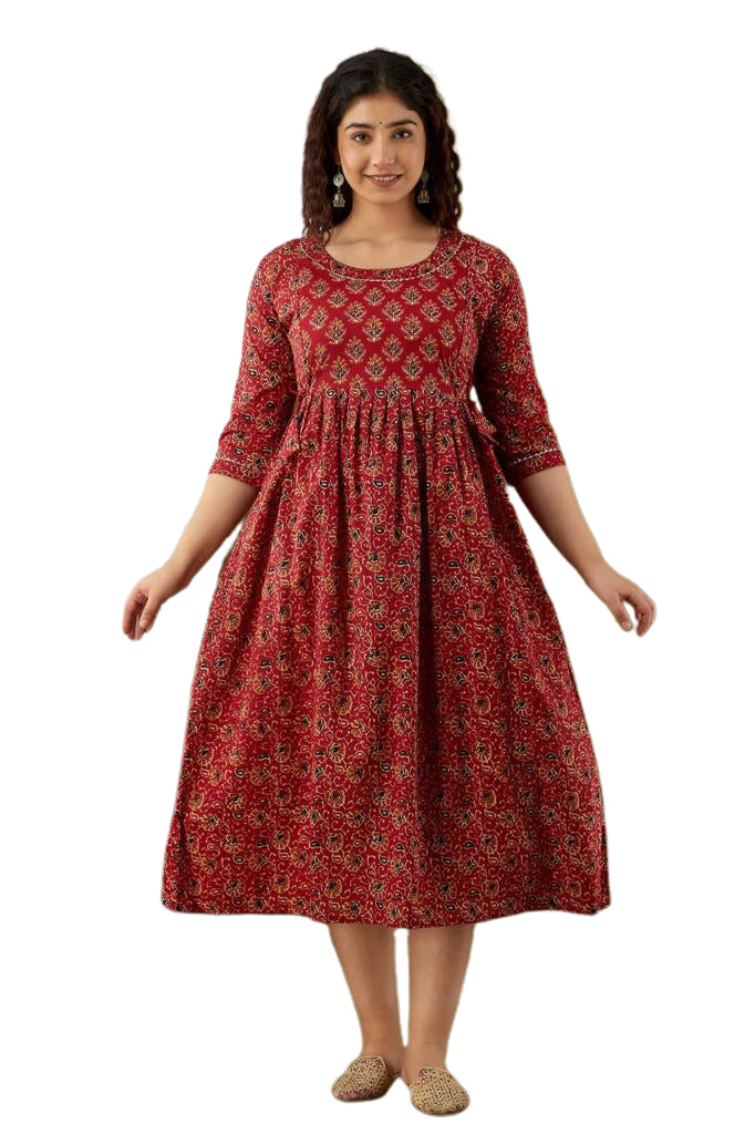Majestic divas Cotton Brick Red Printed Floral Maternity Feeding Kurta Dress with Dual Zippers
