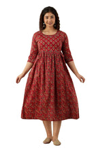 Majestic divas Cotton Brick Red Printed Floral Maternity Feeding Kurta Dress with Dual Zippers