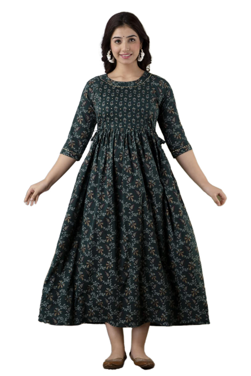 Majestic divas Rayon Bottle Green Printed Maternity Feeding Kurta Dress with Dual Zippers
