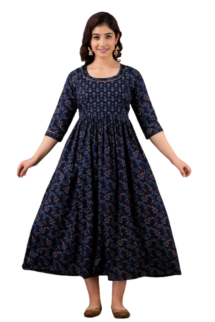 Majestic divas Rayon Navy Blue Printed Maternity Feeding Kurta Dress with Dual Zippers