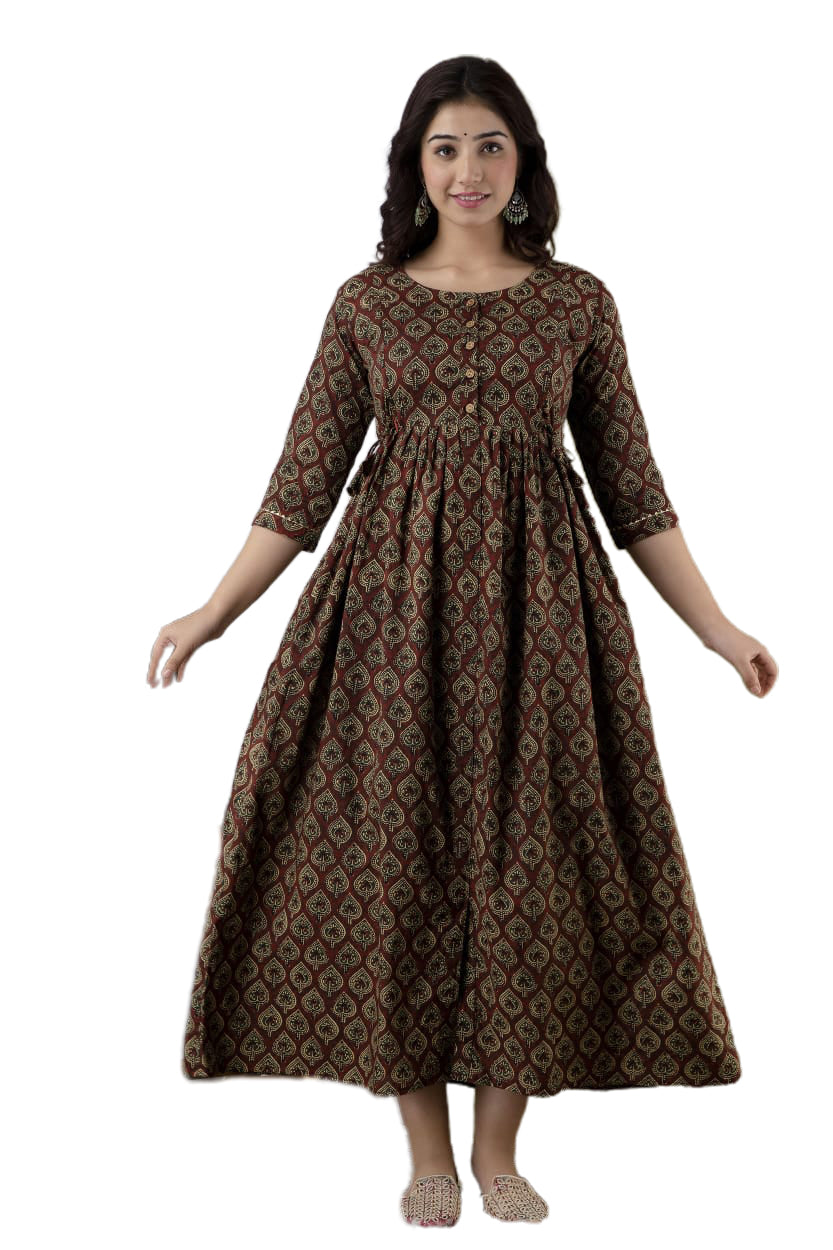 Majestic divas Cotton Maroon Printed Maternity Feeding Kurta Dress with Dual Zippers
