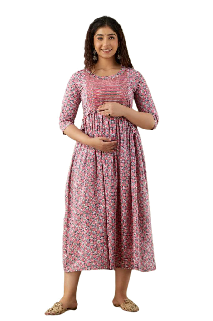 Majestic divas Cotton Blush Pink Floral Maternity Feeding Kurta Dress with Dual Zippers