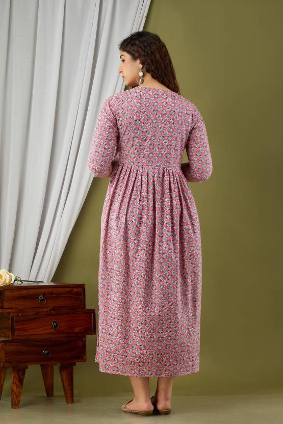 Majestic divas Cotton Blush Pink Floral Maternity Feeding Kurta Dress with Dual Zippers