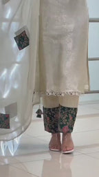 Ivory Cream Pure Banarasi Weaving Dupatta Set with Floral Handwork Neck & Jacquard Dupatta