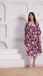 Majestic Divas Cotton Purple Floral Printed Maternity Feeding Kurta Dress with Round Neck & Dual Side Zippers