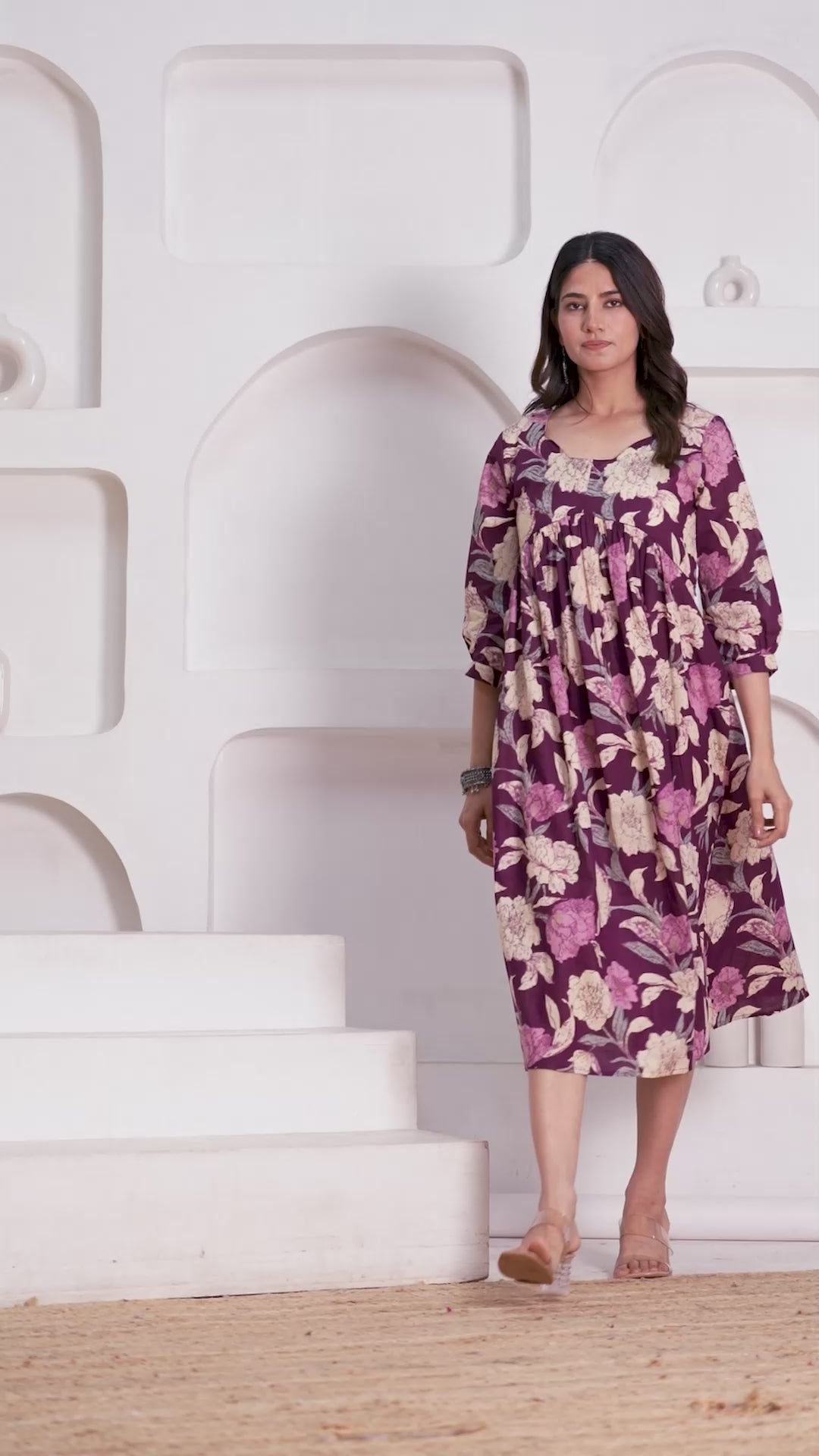 Majestic Divas Cotton Purple Floral Printed Maternity Feeding Kurta Dress with Round Neck & Dual Side Zippers