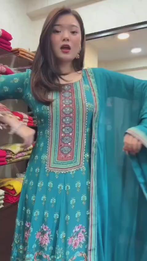 Teal Blue Pure Chinnon Rajasthani Full Anarkali Dupatta Set  with Mirror & Handwork