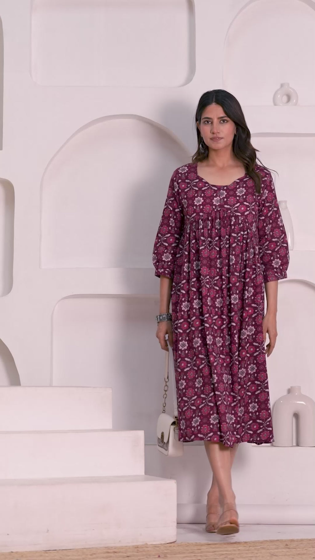 Majestic Divas  Cotton Maroon Floral Printed Maternity Feeding Kurta Dress with Round Neck & Dual Side Zippers