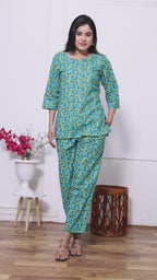 Majestic Diva's Teal Blue Floral Co-ord Set for Women