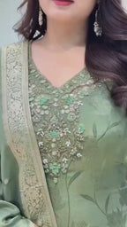 Sage Green Pure Malay Glass Tissue Kanjivaram Handwork Dupatta Set  with Jacquard Dupatta